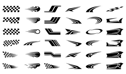 Premium racing stripe vector pack with checkered flag graphics speed lines motorsport decals and automotive performance design elements isolated on white © MdShojib