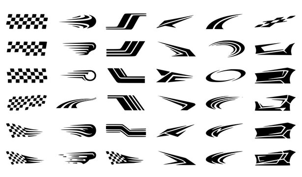 Premium racing stripe vector pack with checkered flag graphics speed lines motorsport decals and automotive performance design elements isolated on white