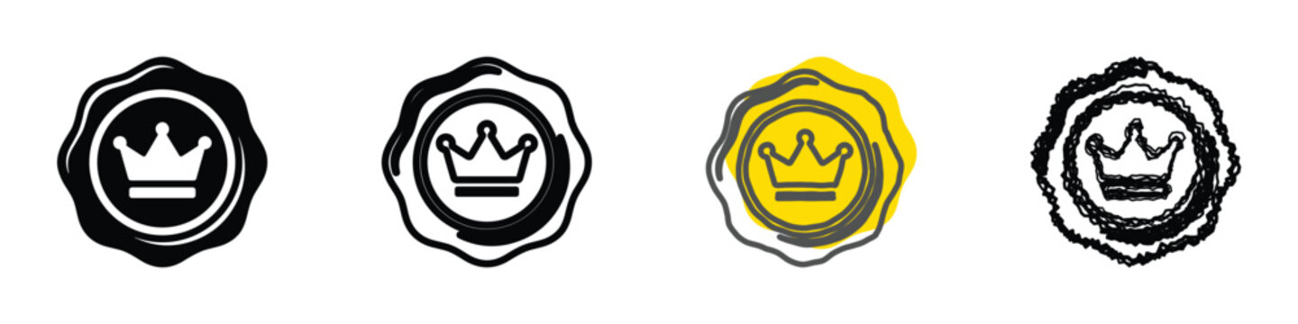 A set of four distinct crown emblems presented as seals or stamps, showcasing varied artistic styles from solid black to sketched outlines