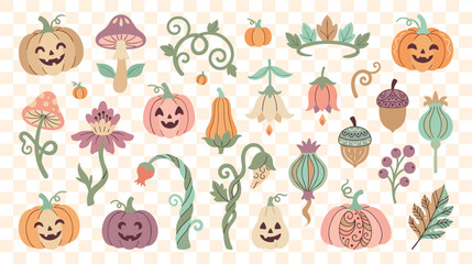 Fototapeta premium Whimsical autumn pumpkin collection with smiling jack-o'-lantern faces and botanical elements