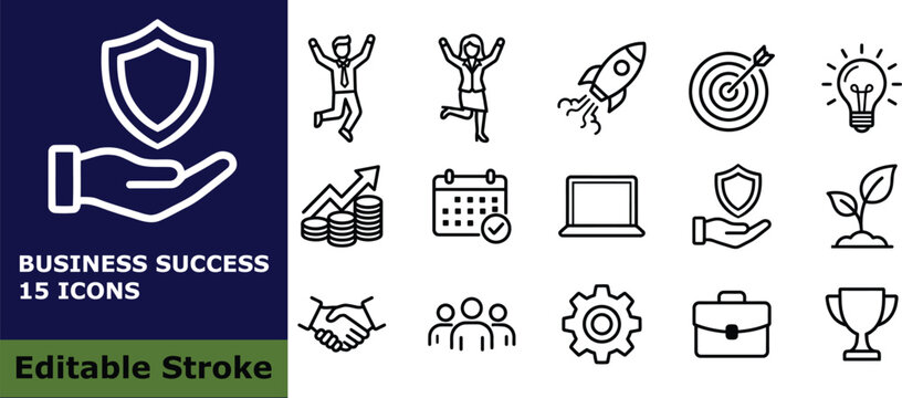 Business success and corporate growth icon set, 15 vector outline pictograms of startup, teamwork, management, and financial symbols for professional business design
