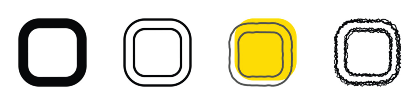 A collection of four distinct rounded square icons, each with a unique design and visual style, presented side-by-side