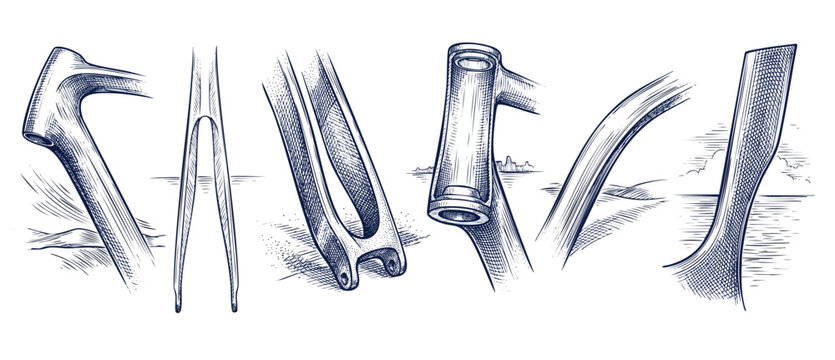 Bicycle frame engineering drawing illustration showing closeups of carbon fork joints and tubes in hand drawn engraving style for cycling design, manufacturing, technology, and custom bike building.