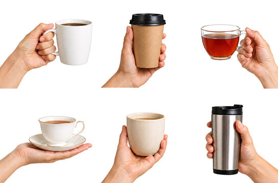Hands holding various drink containers for coffee and tea.
