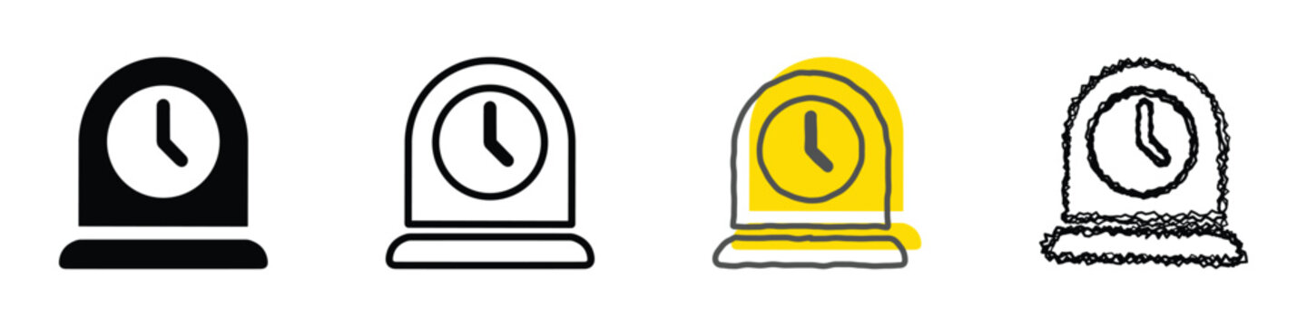 A set of four distinct clock icons, each rendered in a unique artistic style from solid black to sketchy outline