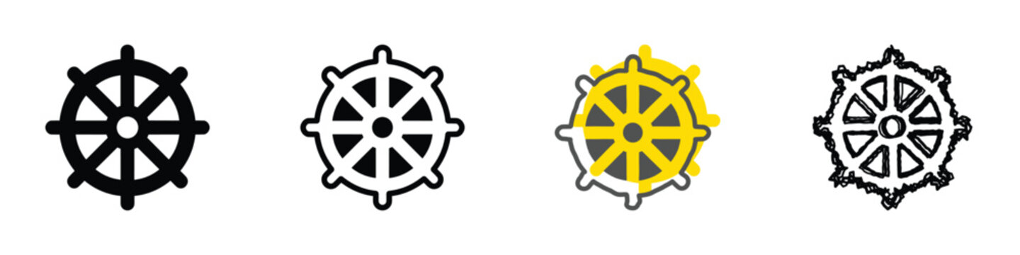 A collection of four stylized representations of the Dharma chakra, a significant symbol in Buddhism and Hinduism