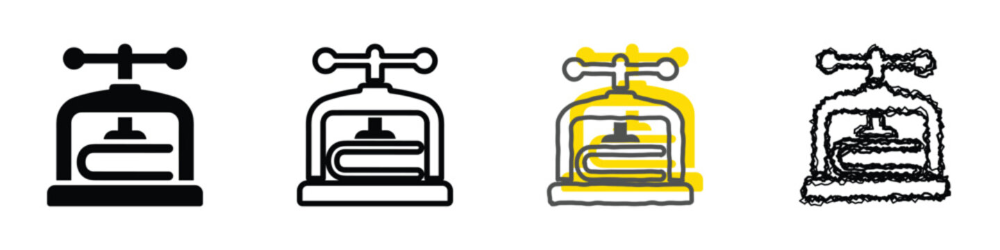 A collection of four stylized icons representing a book press, illustrating different artistic interpretations of the binding and printing equipment
