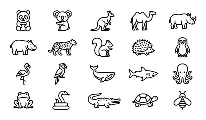 Modern Wildlife Animal Outline Icon Set with Exotic and Marine Creatures Vector Collection © Mdanowrul