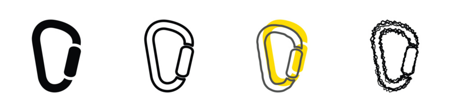 Four distinct carabiner illustrations, including solid black, outline, yellow and grey, and a sketched version, showcase diverse design options