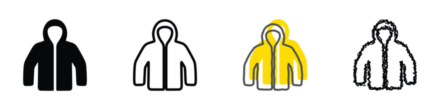 A set of four distinct jacket icons, showcasing different artistic interpretations from solid black to sketchy outlines and a vibrant yellow overlay
