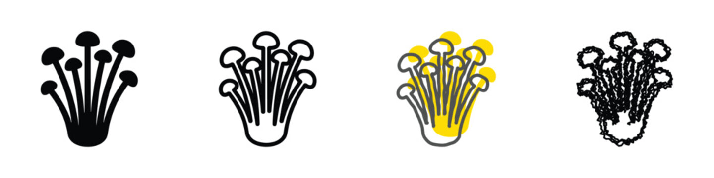 A collection of stylized enoki mushroom icons in black and white, outline, and color variations, perfect for culinary or natural themes