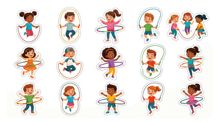 Fototapeta premium Collection of children performing various dance and exercise poses in colorful outfits
