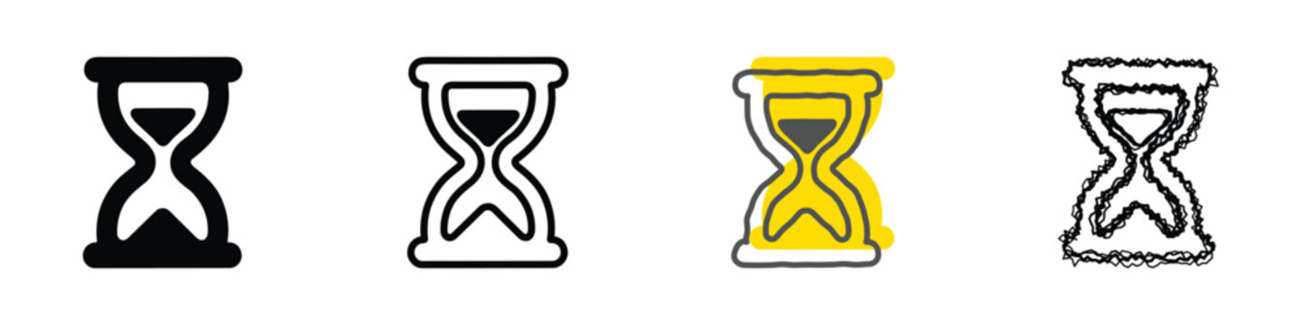Four distinct hourglass icons showcase different artistic styles and visual interpretations of timekeeping devices