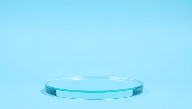 Empty crystal-clear glass podium against solid light blue background for a minimalist product presentation. Mock-up. Close-up.