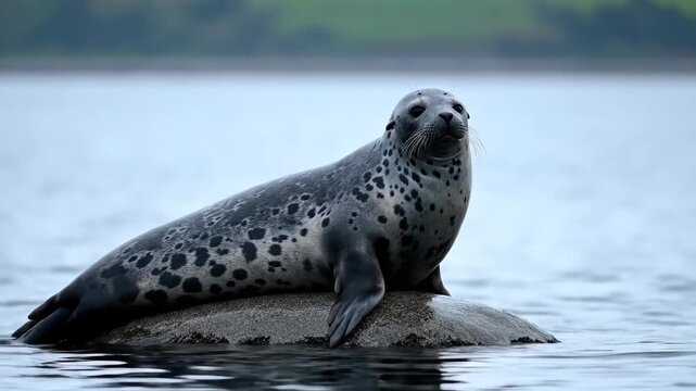Seals rest on rocks on the water surface, seals lie still on the rocky water surface