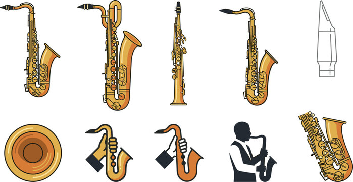 Saxophone Icon Vector Illustration Featuring Alto, Tenor, Baritone, Mouthpiece, Bell, Hands, Player Silhouette