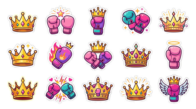 Collection of colorful cartoon crowns and royal accessories with vibrant designs