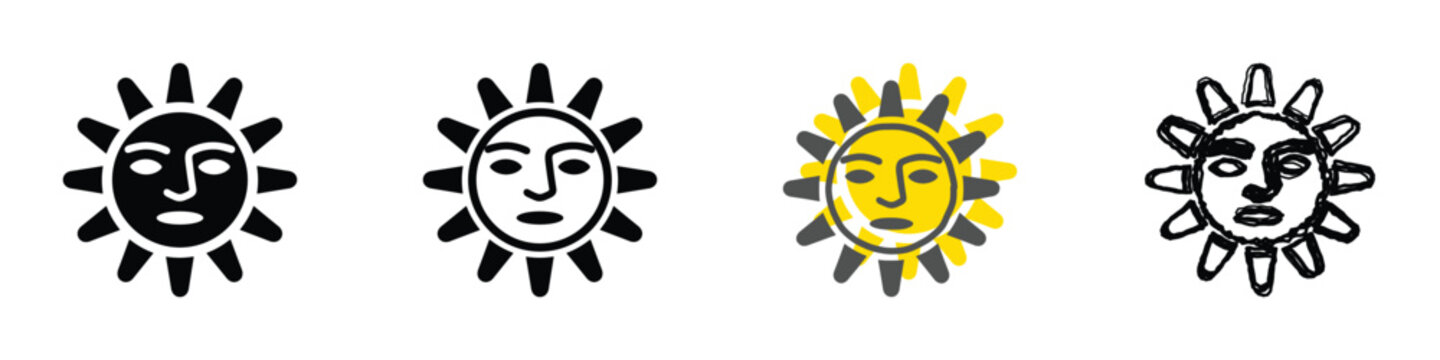 A set of four distinct sun symbols, each featuring a human-like face, rendered in various graphic styles from solid black to sketched