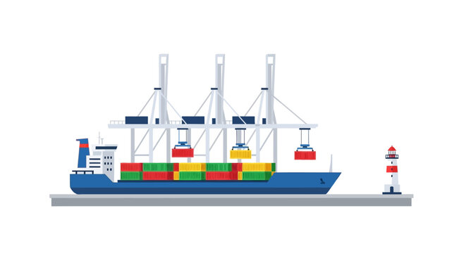 Cargo ship with containers being loaded by cranes at port with lighthouse