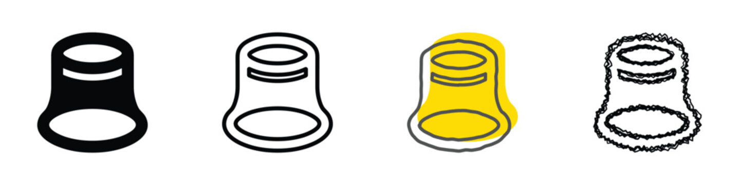 A set of four distinct thimble icons, showcasing a solid black silhouette, a clean outline, a hand-drawn sketch with a yellow fill, and a textured scribble effect