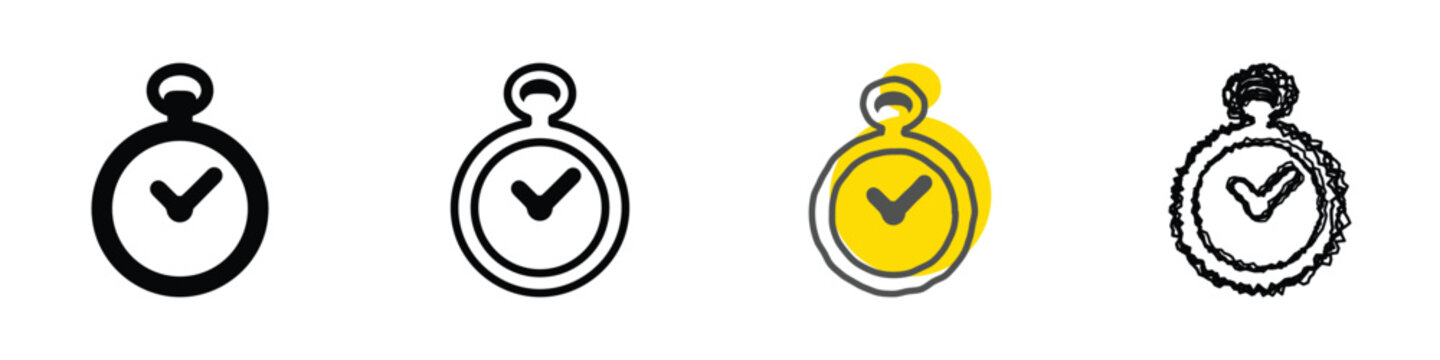Collection of diverse pocket watch icons, each featuring a checkmark symbol, symbolizing completion and punctuality