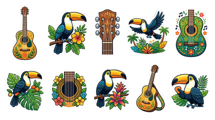 Fototapeta premium Collection of colorful tropical parrots and musical instruments with vibrant floral accents