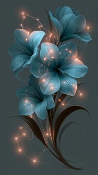 Constellation-inspired flowers glowing subtly in dark space, delicate starlight patterns connecting petals, dreamy celestial botanical composition, ethereal and elegant.