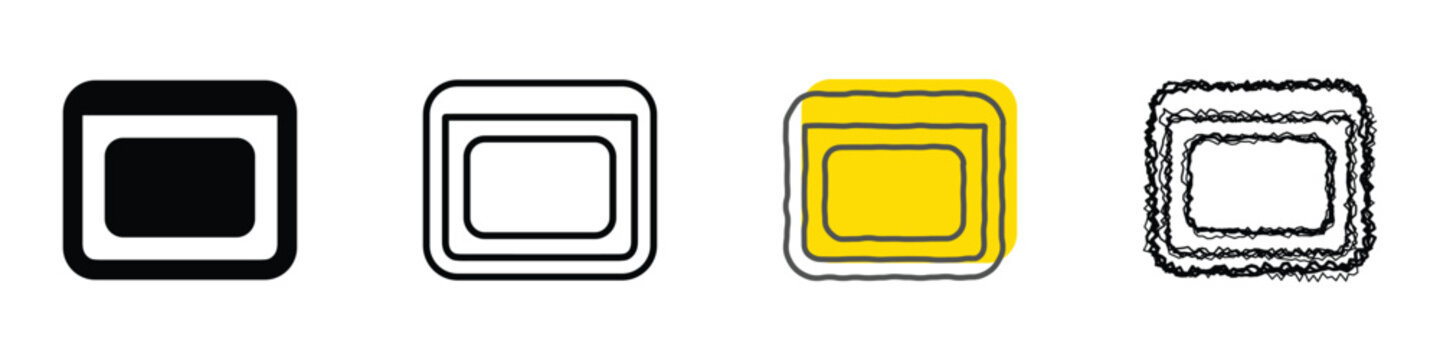 A collection of four icons depicting a window interface in various artistic styles, from solid black to sketchy outlines
