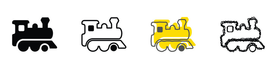 Four distinct artistic interpretations of a locomotive, showcasing varied styles from solid silhouette to abstract outline © Vova7
