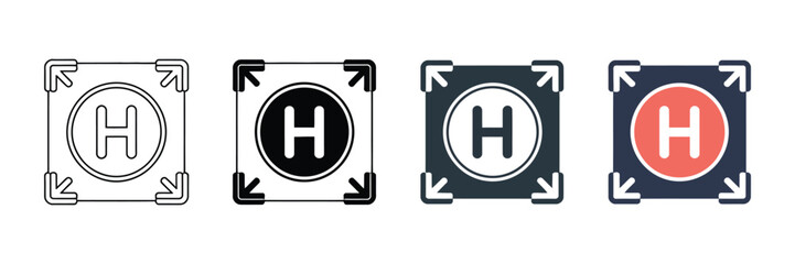 Helicopter landing pad icons featuring bold letter H, circular landing marker, directional corner arrows, clean minimalist vector graphics for aviation navigation. © MD. ARIF ISLAM