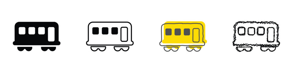 Four distinct visual interpretations of a train carriage, showcasing different artistic styles from solid black to sketchy outlines and a vibrant yellow fill © Vova7