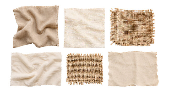 Set of different canvas and burlap fabrics on transparent background.