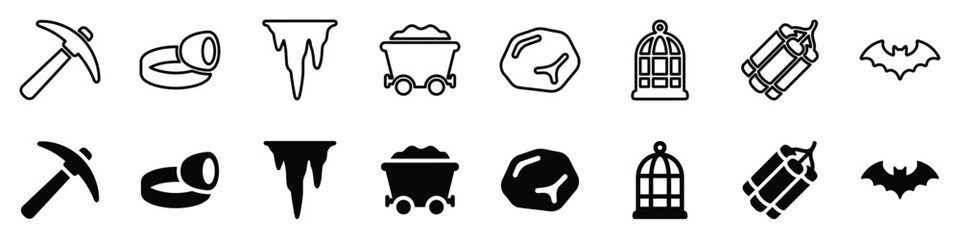 A collection of simple, black and white icons representing mining and adventure themes © Vova7