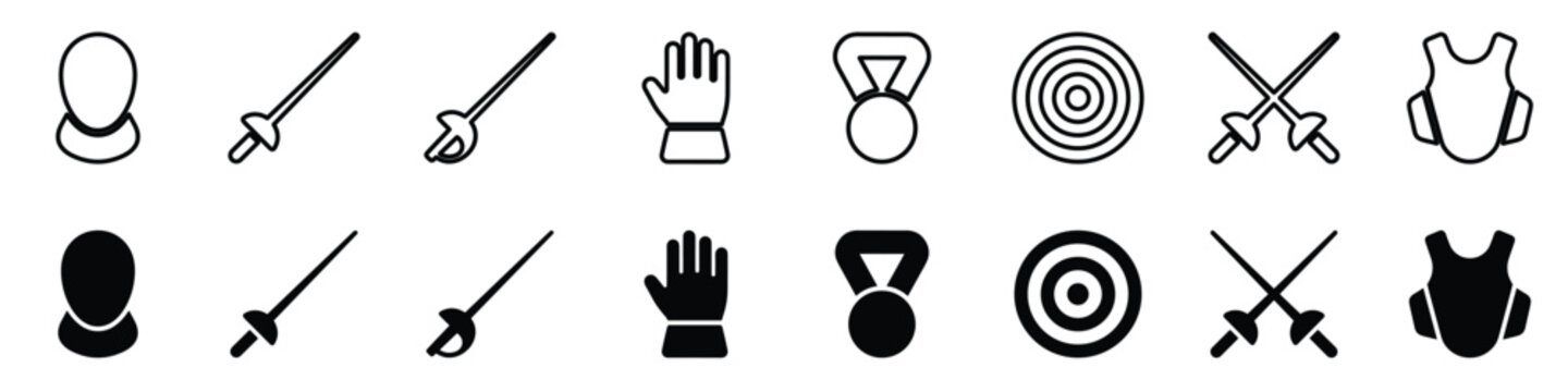 Collection of outline and filled icons representing fencing gear, including masks, swords, gloves, targets, and protective vests, symbolizing sport and achievement