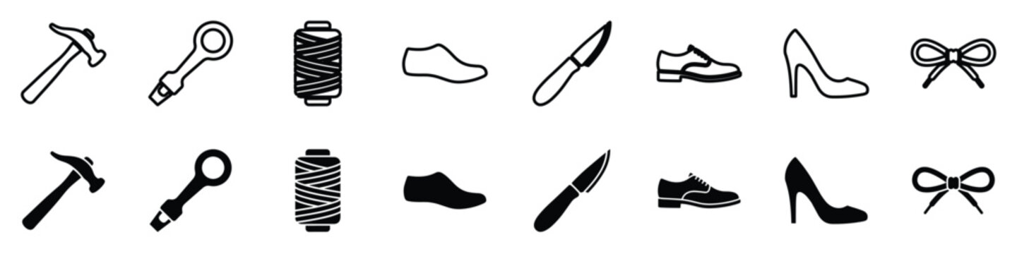 Collection of icons representing shoemaking equipment and materials, including hammers, awls, thread, shoe lasts, knives, and bows