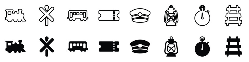 A set of graphic symbols representing train travel, including a locomotive, carriage, ticket, crossing sign, cap, lantern, stopwatch, and track segments © Vova7