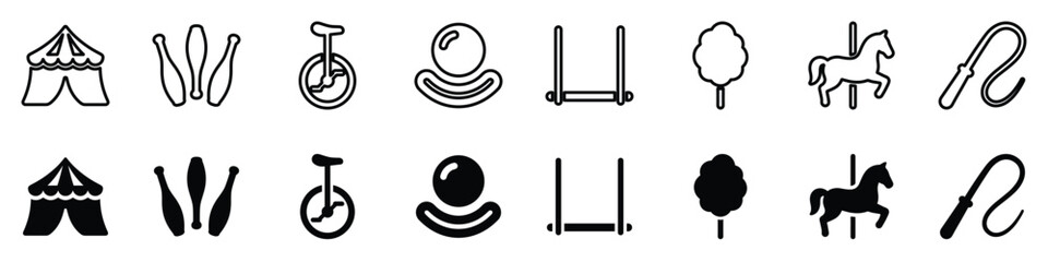 A set of simple graphic icons representing various circus elements, presented in both outline and solid fill styles © Vova7
