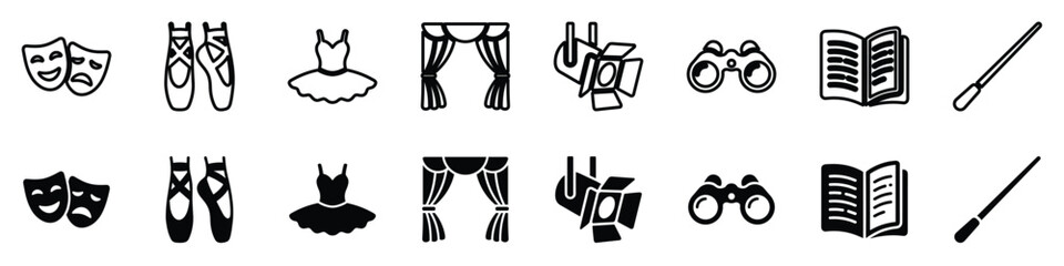 A visual assortment of symbols for theater, dance, and performance, including masks, ballet slippers, tutus, curtains, spotlights, binoculars, books, and batons © Vova7