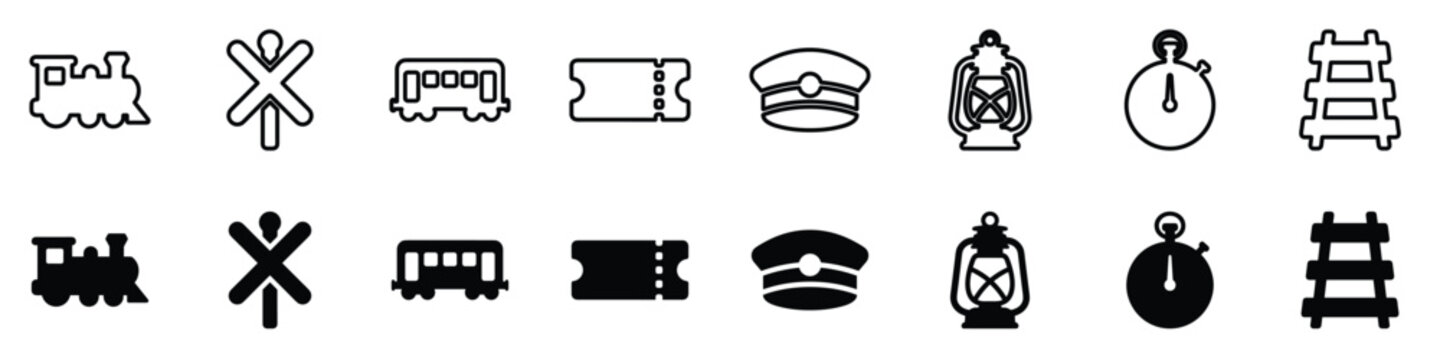 A set of graphic symbols representing train travel, including a locomotive, carriage, ticket, crossing sign, cap, lantern, stopwatch, and track segments