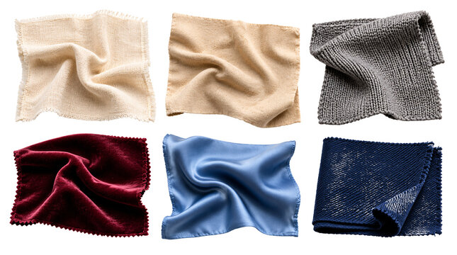 Set of different textile samples on transparent background.