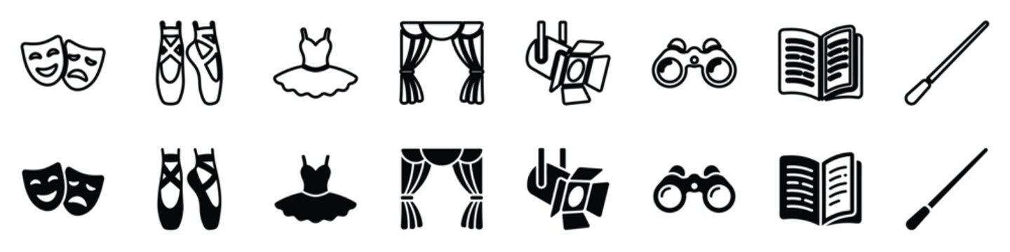 A visual assortment of symbols for theater, dance, and performance, including masks, ballet slippers, tutus, curtains, spotlights, binoculars, books, and batons