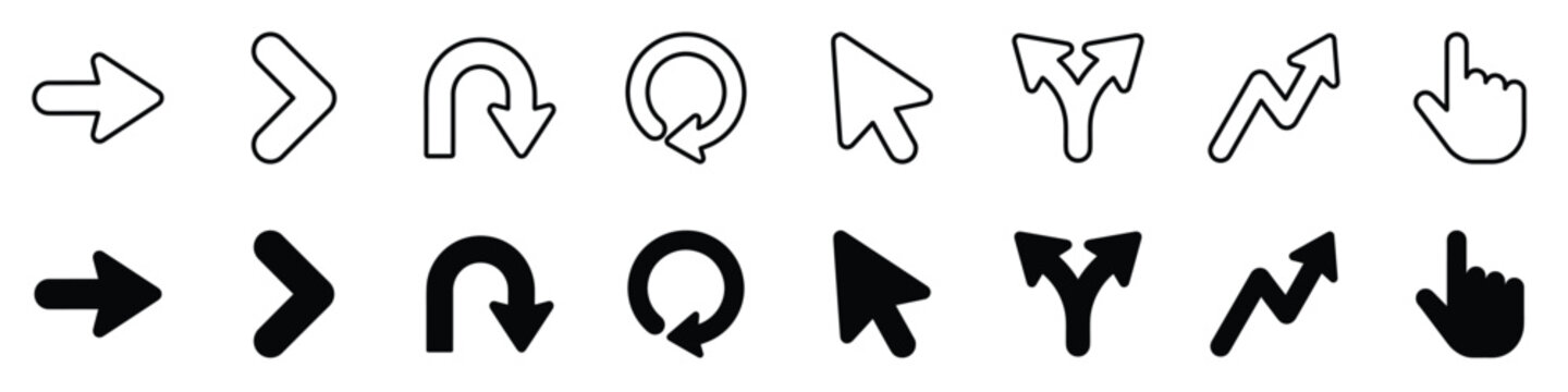 A comprehensive set of navigation and pointer symbols, including directional arrows, cursors, and split paths, presented in two distinct visual formats