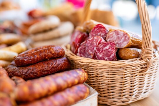 Assorted smoked sausages and cured meats displayed in a woven basket on a wooden table, with additional meats arranged in the background