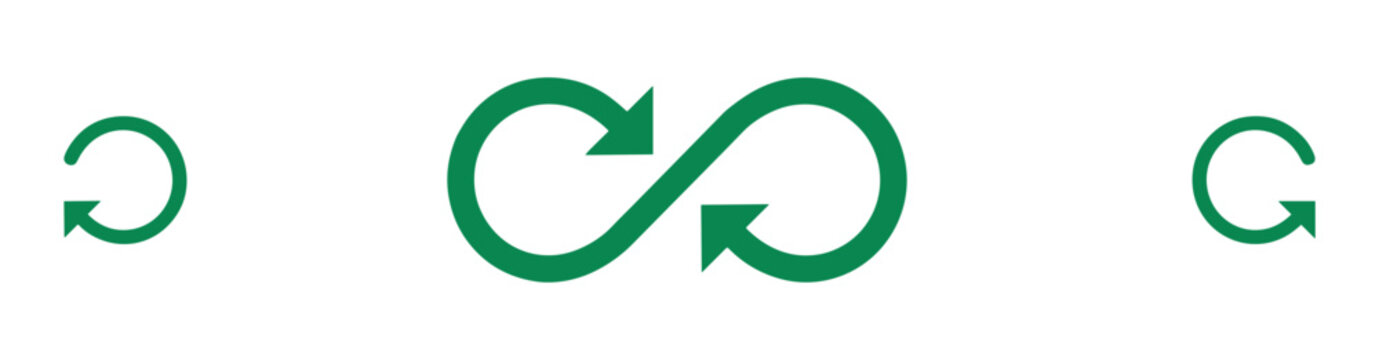 A set of green ecofriendly circular motion and infinity cycle arrow icons representing sustainability recycling and renewable energy concepts isolated on a solid white background surface