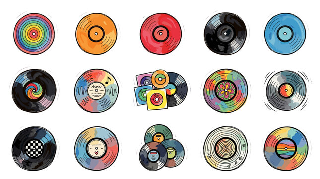 Collection of colorful vinyl records and turntables with various designs and patterns
