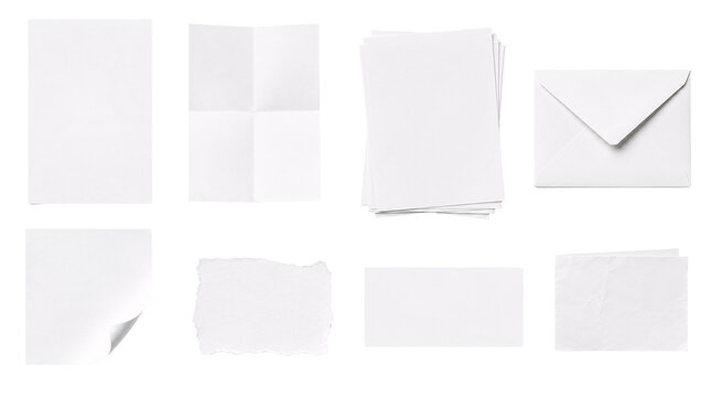 Set of white paper sheets and envelopes isolated on transparent.