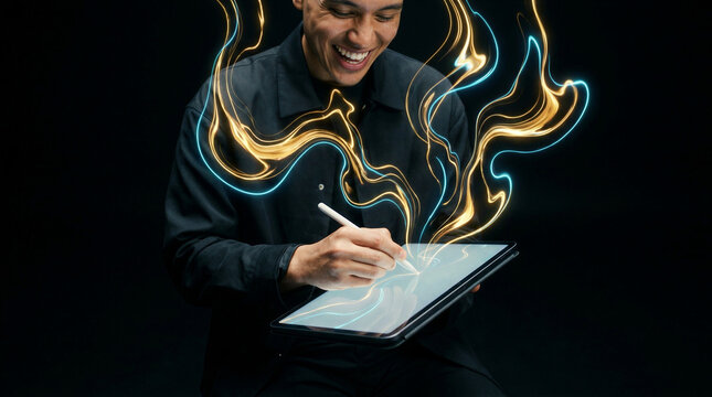 Man using stylus on tablet to draw glowing light lines. Digital artist creating abstract creative content on screen. Modern graphic design technology for innovation and visualization