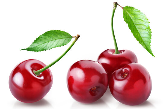 Four juicy ripe sweet cherries with leaves isolated on transparent background.