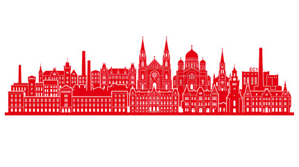 Obraz premium Red City Skyline Silhouette of Historic Buildings and Industrial Factories