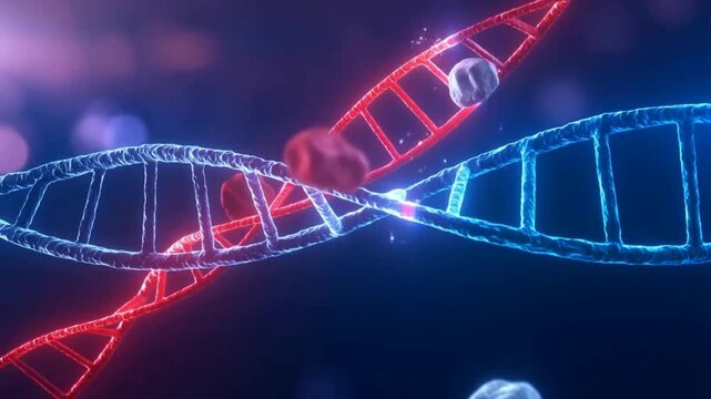 Animated DNA Helix Loop with Red and Blue Strands for Cancer Research 2026 4K